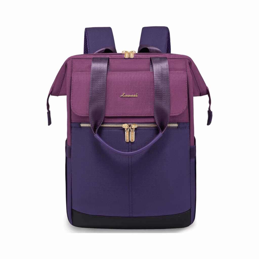 Ein stilvoller lila Laptop-Rucksack mit goldenen Reißverschlüssen, einer Vordertasche, zwei Griffen oben und dem Markennamen Lovevook in Gold auf der Vorderklappe. Dieser Rucksack Damen ist wasserdicht und perfekt für den Alltag oder Reisen.