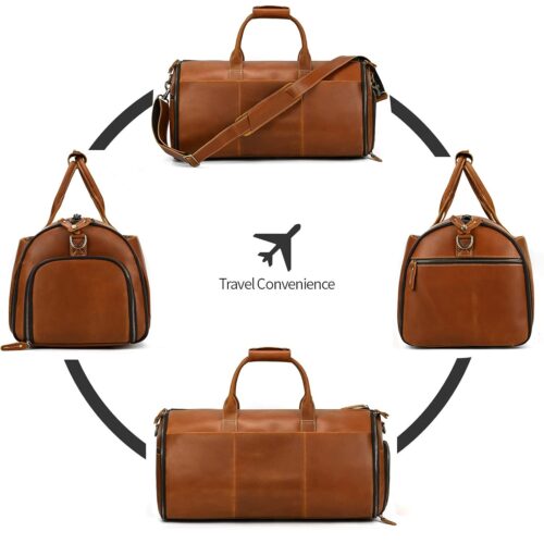 Der Leder Weekender Herren Damen, Reisetasche leder Herren, Sporttasche aus Leder, Duffle Handgepäck in braun wird aus vier Blickwinkeln um eine Flugzeuggrafik mit der Aufschrift „Travel Convenience“ angezeigt.