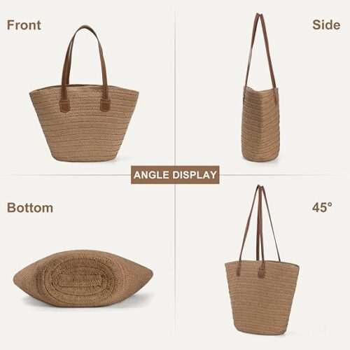 Eine Große Strandtasche, Korbtasche Shopper, Tasche für Sommer mit Reißverschluss, Strohtasche wird von vorne, von der Seite, von unten und im 45-Grad-Winkel auf einem beigen Hintergrund präsentiert, um ihre Form und ihr stilvolles Design hervorzuheben.