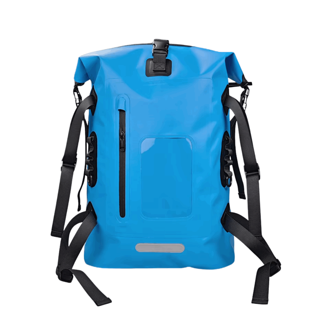 Leuchtend blauer, wasserdichter Schwimmrucksack mit verstellbaren schwarzen Trägern, Reißverschlusstasche vorne, seitlichen Schnallen und einem mittig befestigten Rollverschluss. Die Tasche ist vor einem schlichten weißen Hintergrund fotografiert.